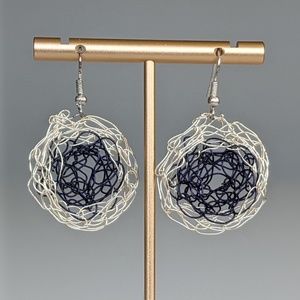 Silver & Black Round Filigree Drop Earrings